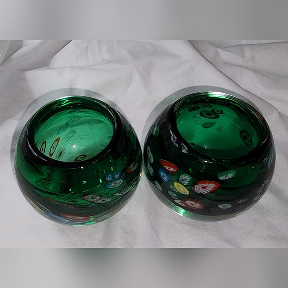 Set of 2 Vintage Blow Art Glass Millefiori Green Votives - Picture 4 of 7